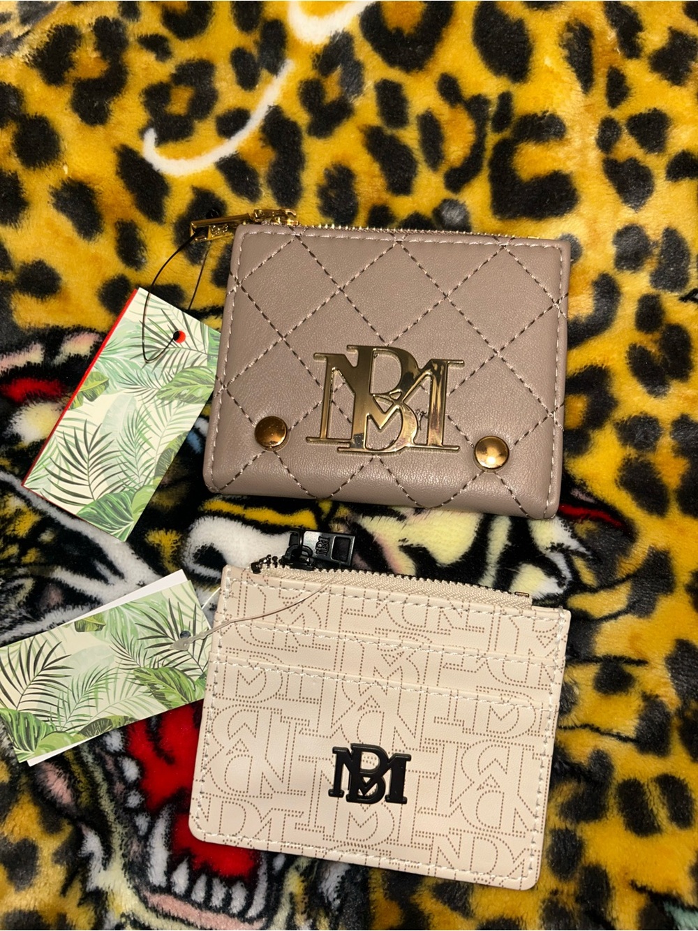 Badgley Mischka Taupe Quilted Wallet with Gold Logo & Cream Card Pouch
